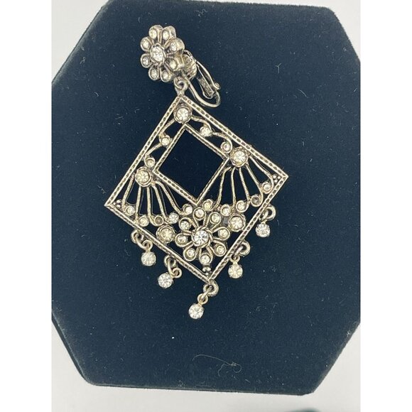 Vintage Silver Tone Dangle Earrings Clip Clear Rhinestones 2.5" - Picture 5 of 13